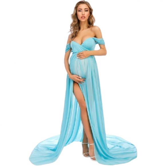 Women’s Maternity Photoshoot Photography Split Chiffon Gown Long Train Dress - Picture 1 of 4